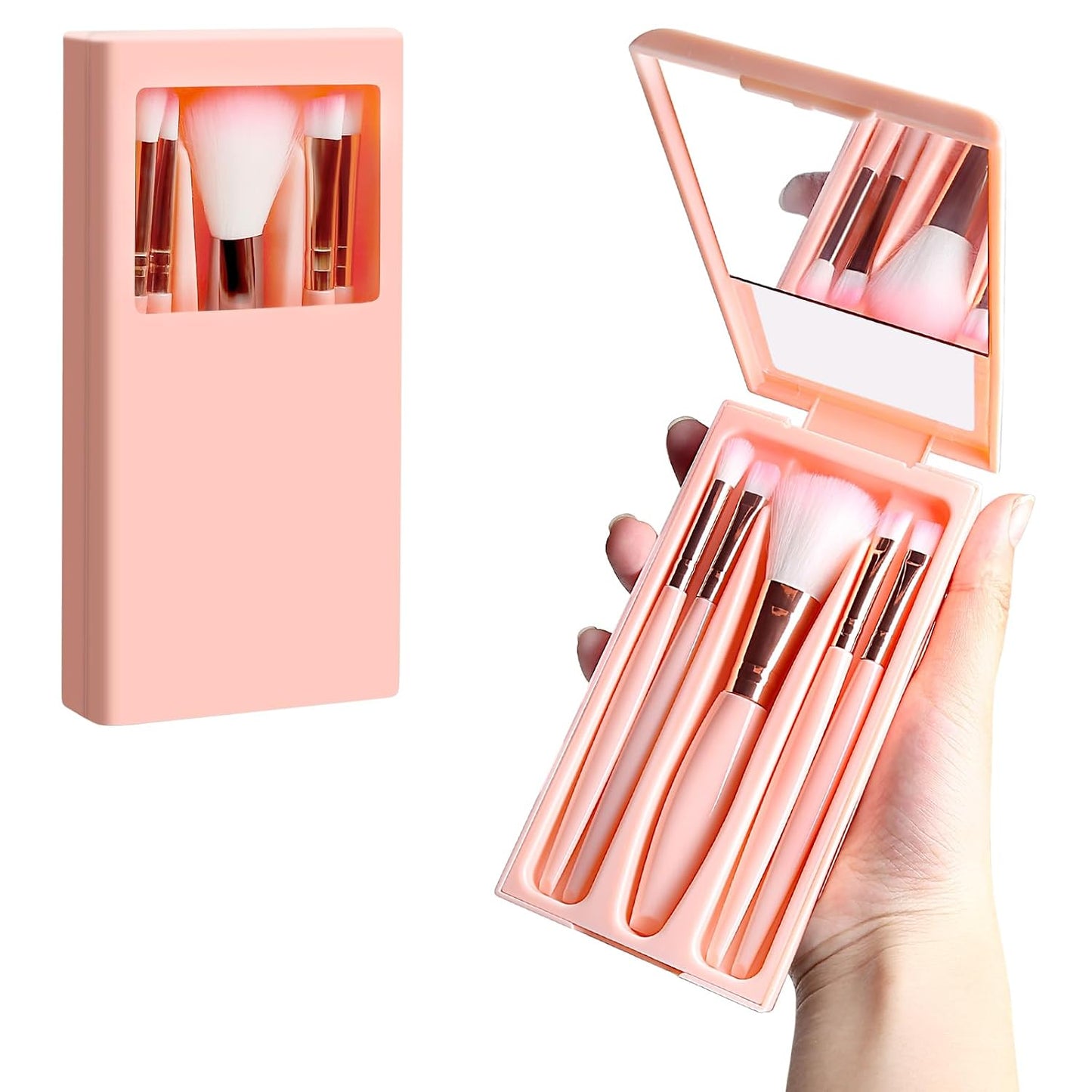 Travel Makeup Brush Set - Portable 5 PCS Mini Brushes with Mirror | Essential Cosmetic Tools for Eyeshadow & Contour (Blue)