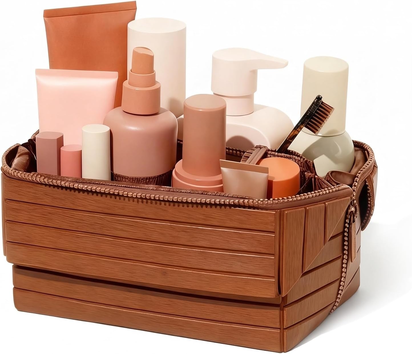 Travel Makeup Bag - Large Capacity Waterproof PU Leather Cosmetic Organizer | Foldable Toiletry Bag with Compartments (Brown)