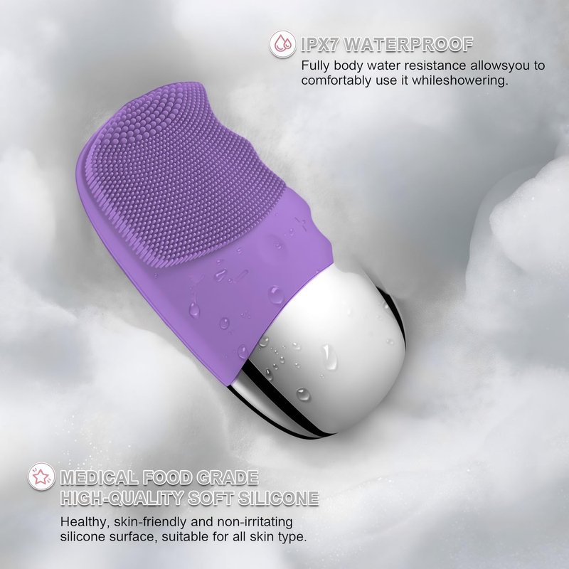MEGAN Facial Cleansing Brush,USB Rechargeble Electric Silicone Face Scrubber,IPX7 Waterproof Sonic Facial Massager, 3 in 1 face Brush for Deep Cleanning, Blackhead Remover, Exfoliating. (Purple)