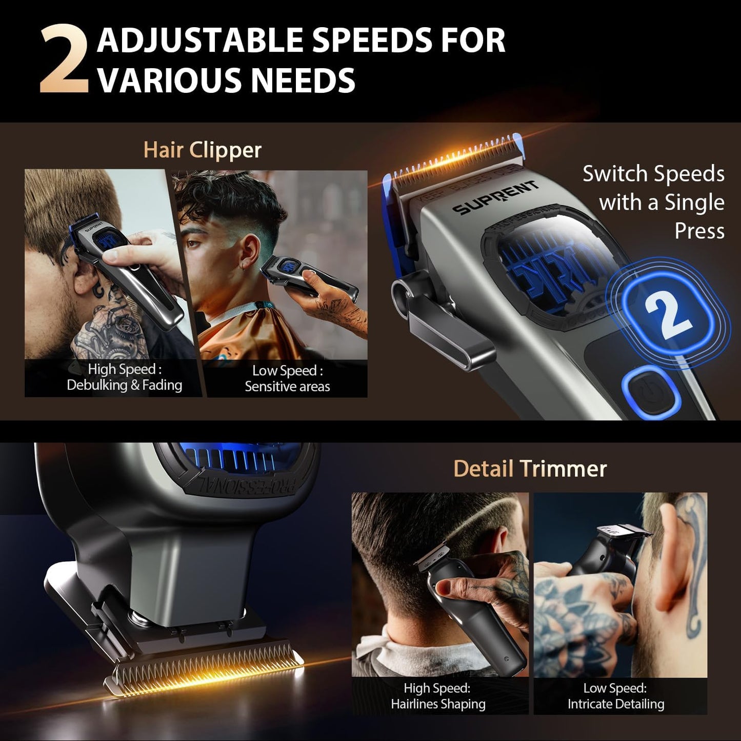 Professional Hair Clippers for Men - Cordless Barber Clippers & Zero-Gapped Trimmer Set | High-Performance Motor, Blue Titanium Blades