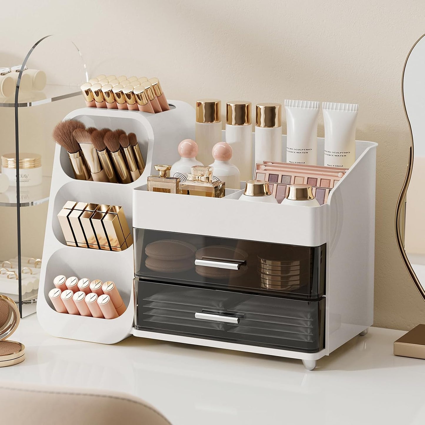 Makeup Organizer for Vanity - Large Capacity Skincare & Cosmetic Display Case with 2 Drawers | Brush Holder & Perfume Storage