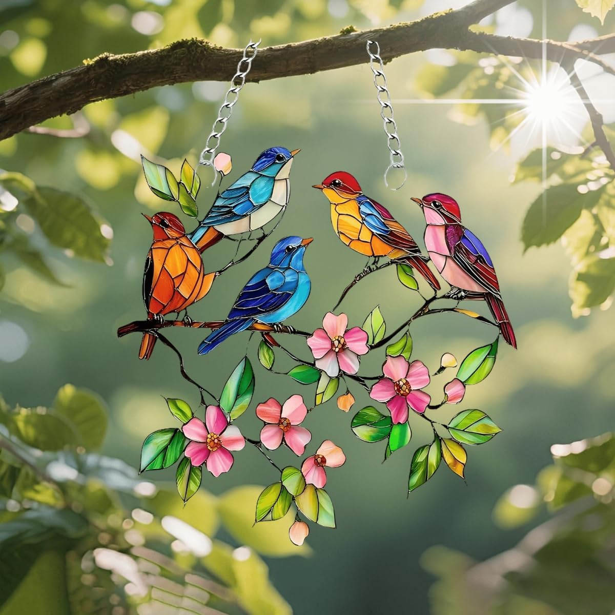 Acrylic Birds with Flowers Suncatcher - 7.08 Inch Stained Glass Style Window Decor | Rainbow Maker Wall Art & Garden Ornament