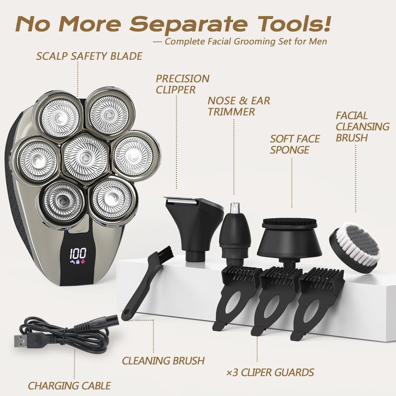 7D Head Shavers for Bald Men, Water Proof Electric Razor for Men with LED Display, Detachable Wet/Dry Anti-Pinch Head Shavers, Shaving Grooming Kit for Balder, Perfect for Home & Travel(Black)