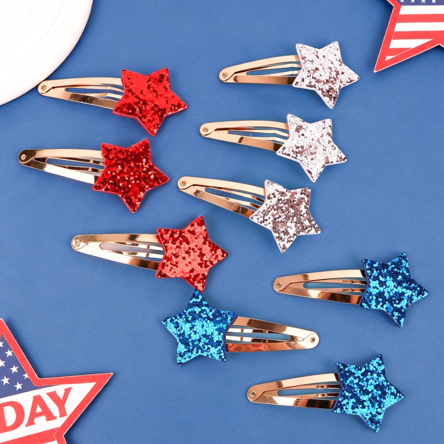 YISSION 9 Pack 4th of July Glitter Star Hair Clips, Red White Blue Patriotic Snap Barrettes, Sparkle Star Hair Accessories for Women Girls, Independence Day Memorial Day Party Hair Grips