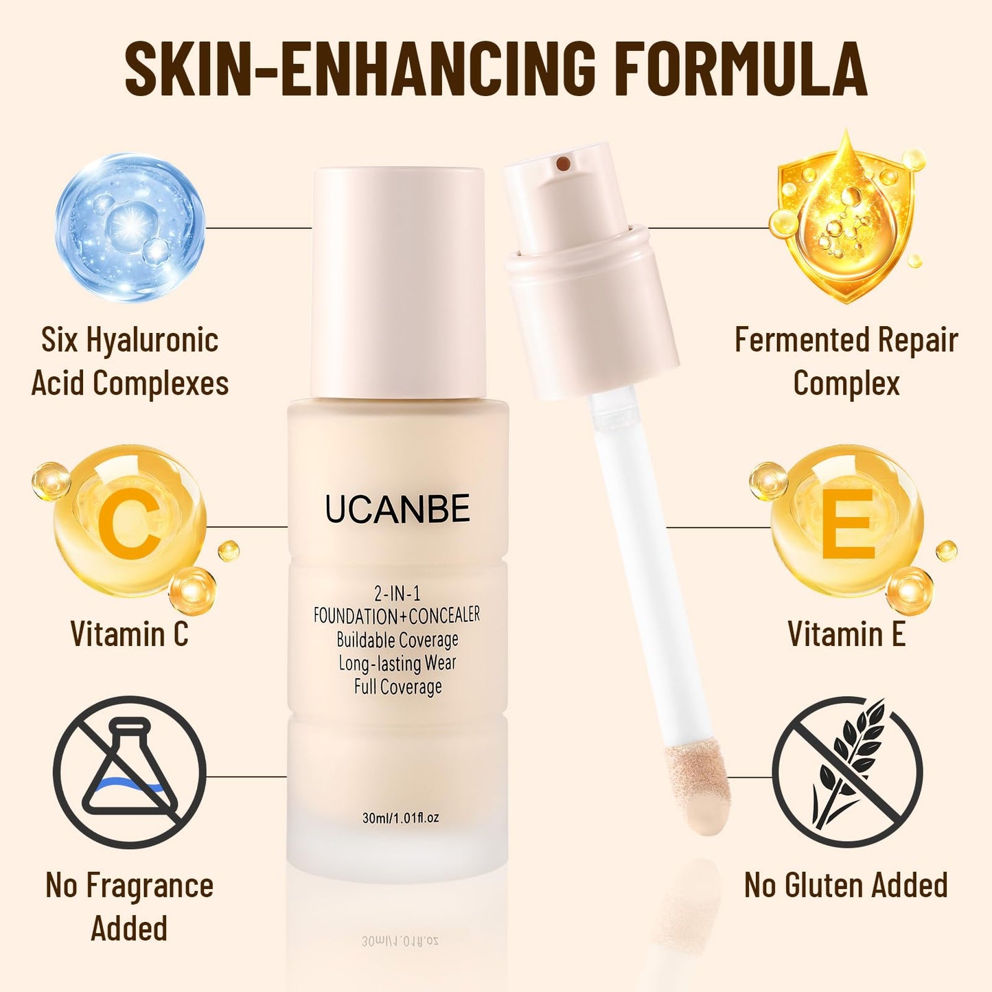 UCANBE 2-in-1 Liquid Foundation & Concealer, Full Coverage Foundation Makeup Set for Combination & Oily Skin, Hydrating Formula with Hyaluronic Acid, Vitamin C (02 Classic Ivory)