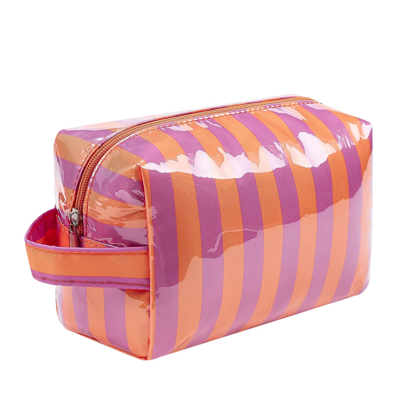 Lestikave PVC Striped Makeup Bag,Easy to Clean,Waterproof Clear Coated Cosmetic Bag,Cute Travel Organizer Zipper Pouch for Beach Vacation Essentials(03Orange)