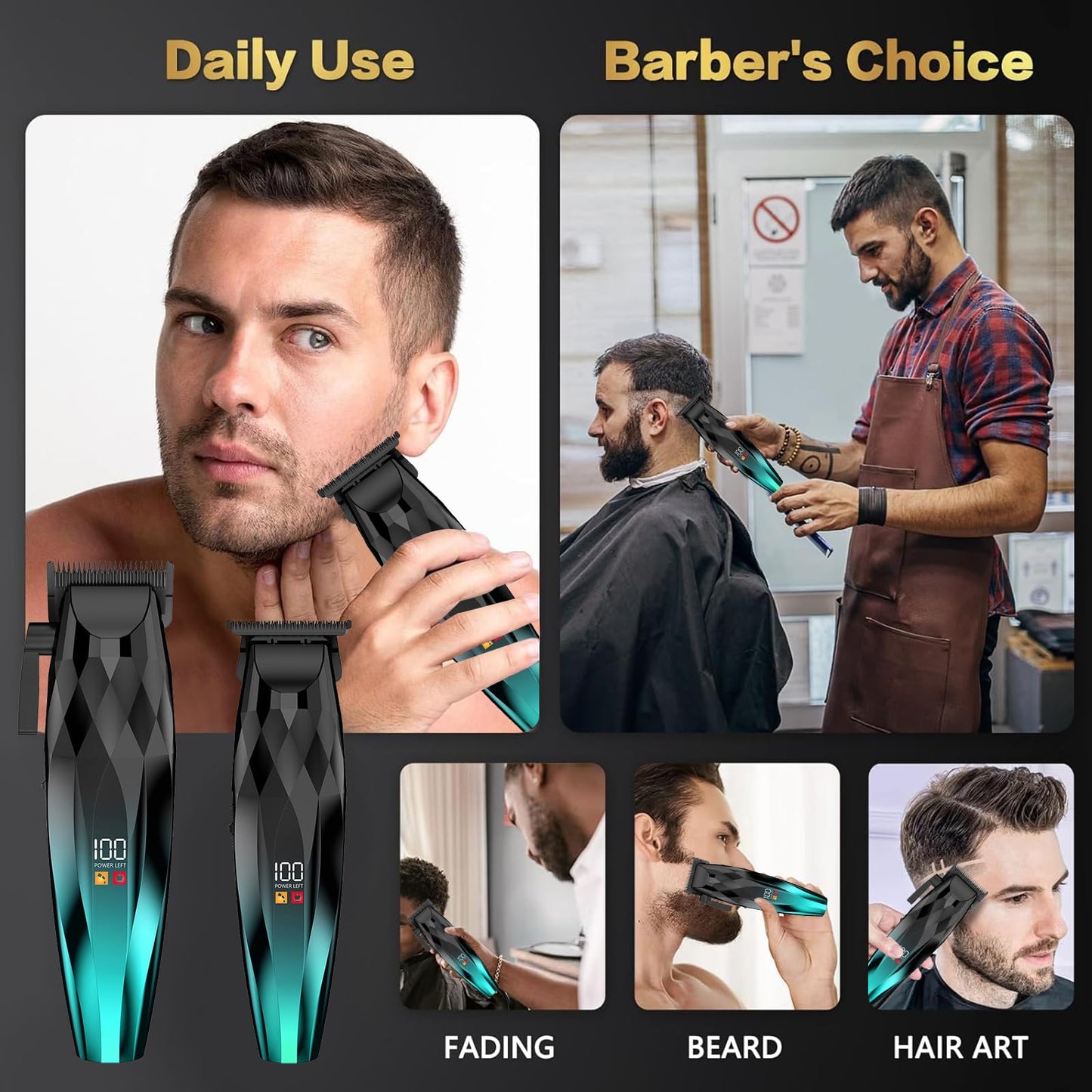 2-in-1 Professional Hair Clippers Set,Cordless Hair Clippers and T-Blade Trimmer Kit for Men,LCD Display,USB Rechargeable,Adjustable Guards,Waterproof,Beard & Body Grooming Kit (Green)