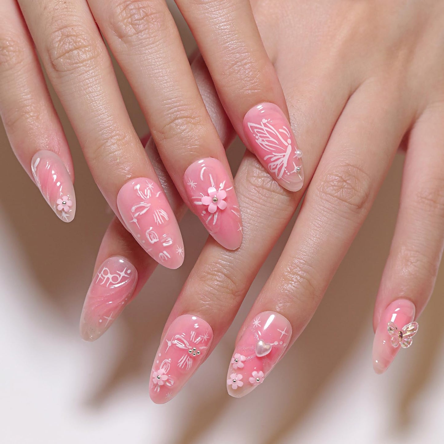 Pink Press-On Nails - 24 Pcs Medium Almond Floral Designs with 3D Flowers & Butterflies | Spring Summer Acrylic Set