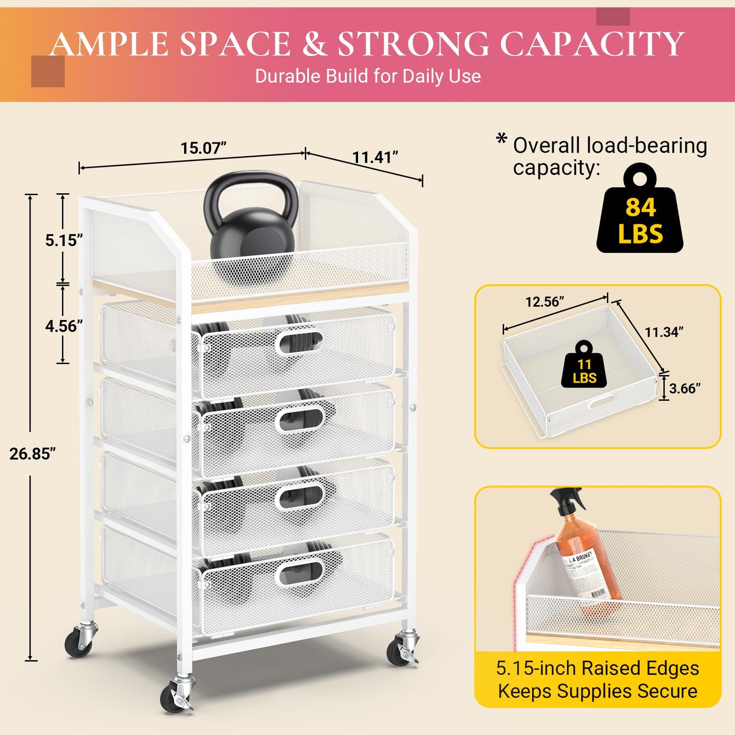 Goovilla Rolling Makeup Organizer Cart with Drawers, 5 Tier Metal Floor Skincare Vanity Organizers with Lockable Wheels, Make Up Storage Cart for Cosmetics Display, Nail Polish, Perfume, White
