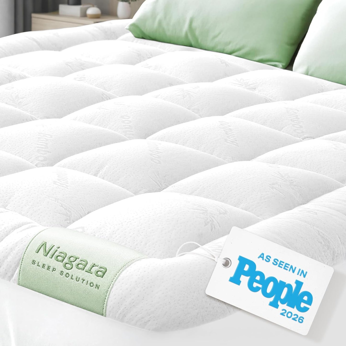 Niagara Sleep Solution Ultra Soft Queen Mattress Topper - Bamboo Pillow Top for Back Pain Relief | Naturally Cooling Green