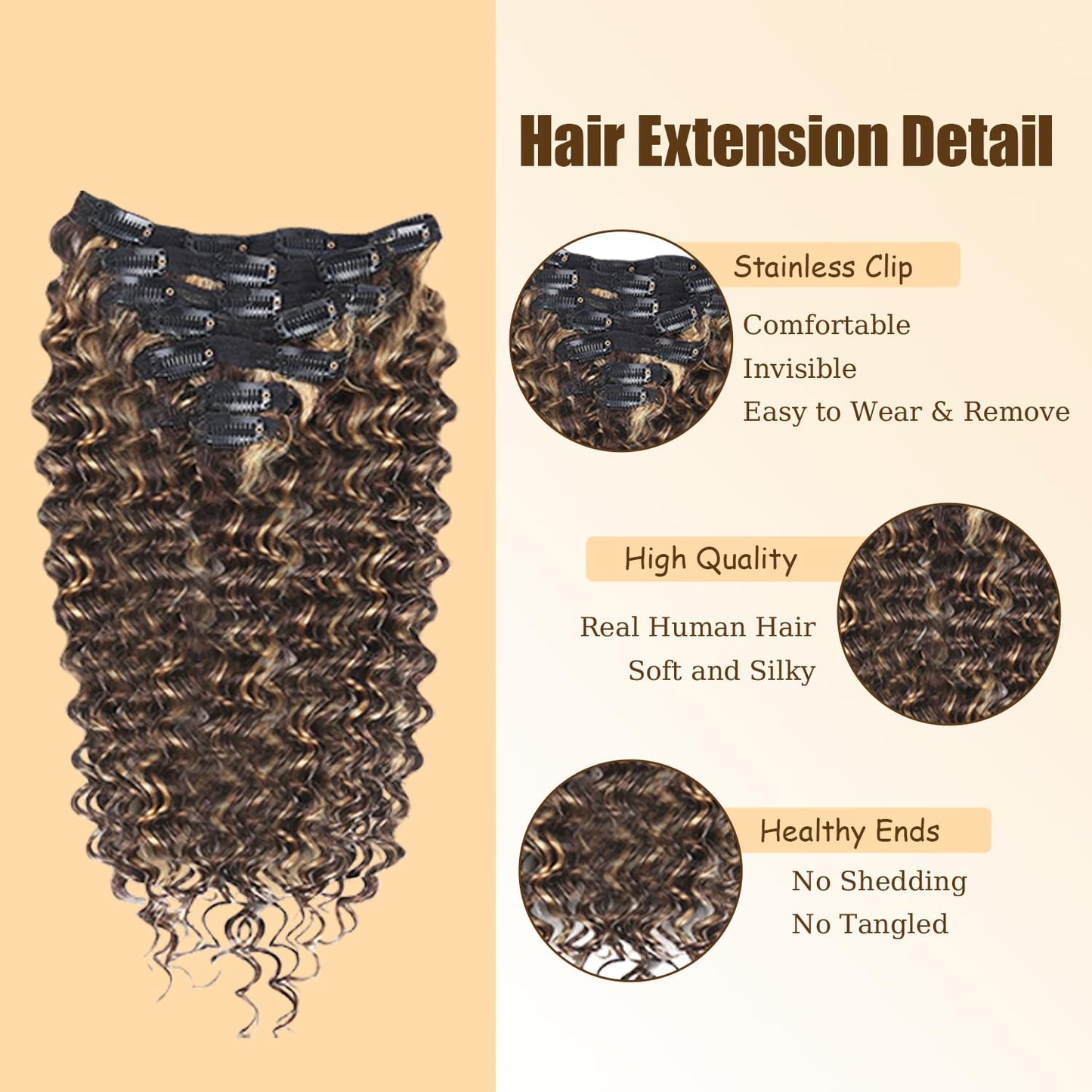 P427 Blonde Clip in Hair Extensions Real Human Hair, 24 Inch 120g/7Pcs,Full Shine Remy Human Hair,Highlight Brown Deep Wave Clip ins Brazilian Virgin Human Hair Extensions