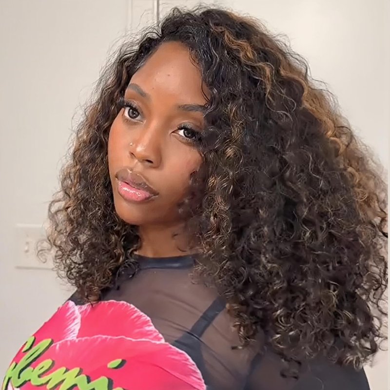 Ombre Half Wig Human Hair - Deep Wave 200% Density | 12-Inch Highlight Curly Flip Over for Black Women