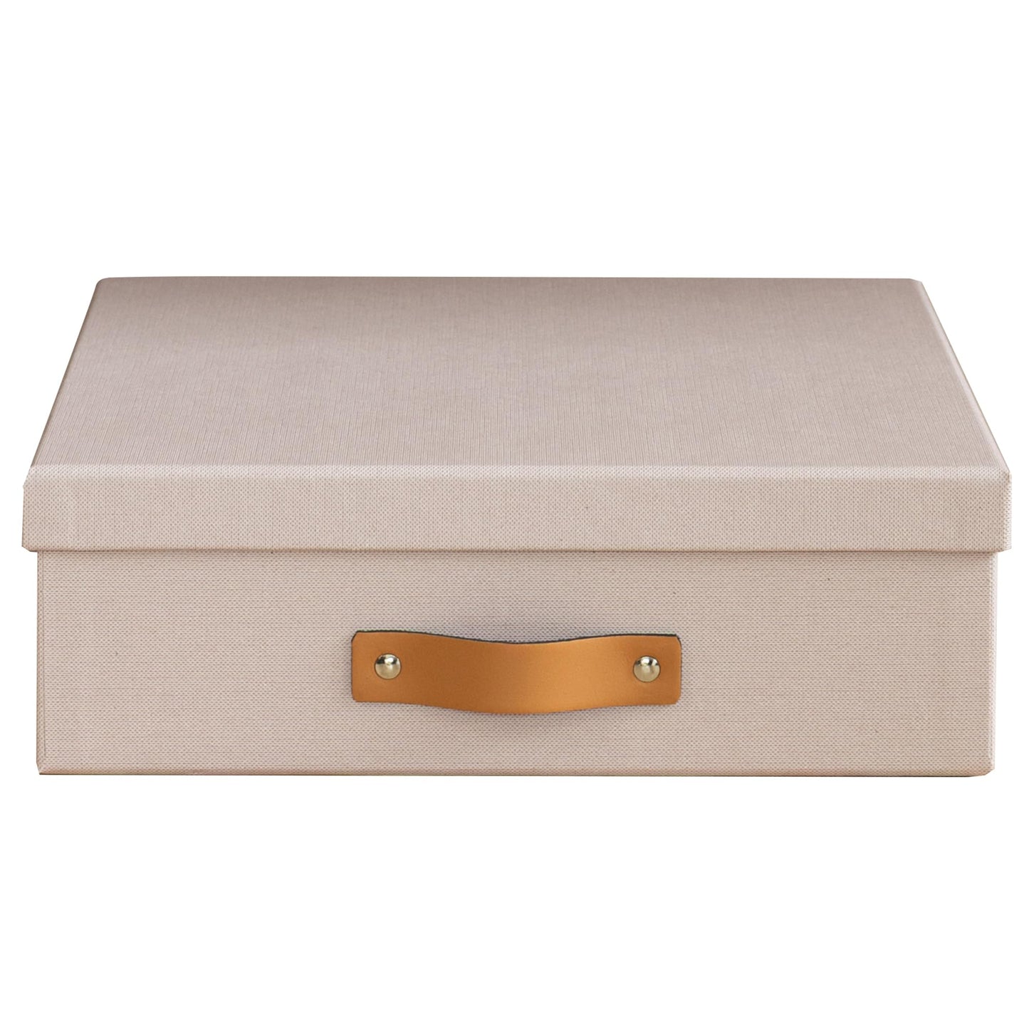 Bigso Oskar Fiberboard Document Storage Box with Lid for A4 and Letter Size Papers - Stylish, Sturdy, and Stackable Keepsake Box with Leather Handle - W10.2in x D13.8in x H3.3in - Pink Rose