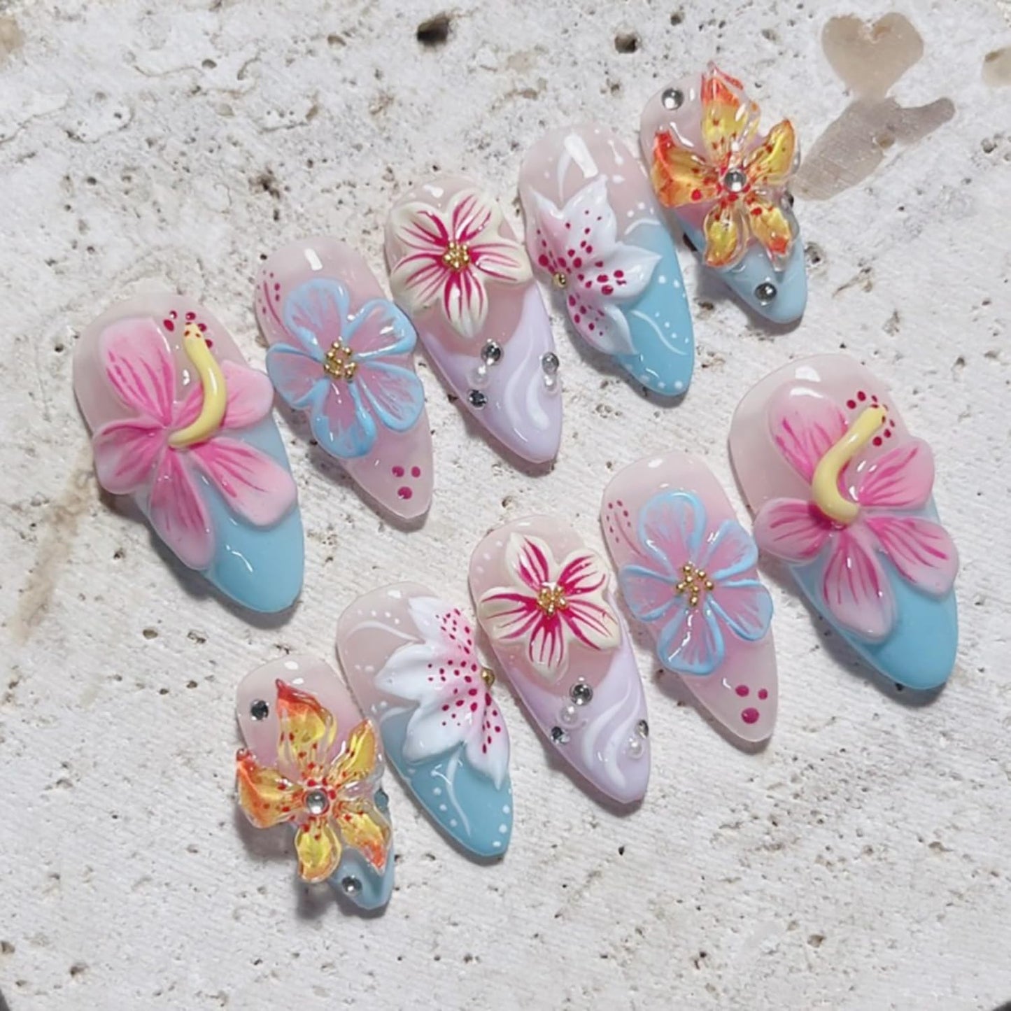 Summer Beach Press-On Nails Set - 24Pcs Medium Almond Floral Design with 3D Starfish & Seashell | Full Cover Ocean Manicure for Women