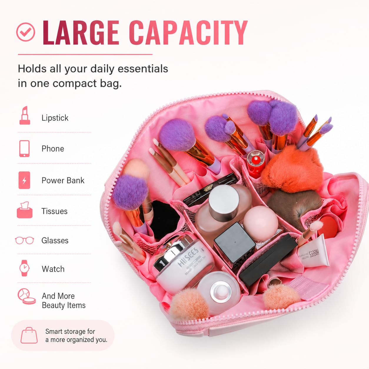 Travel Makeup Bag for Women, Fold Down Stand-Up Striped Makeup Organizer with Adjustable Dividers, 27 Pockets, 3 Brush Holders, Waterproof PVC Cosmetic Toiletry Bag for Travel, Black