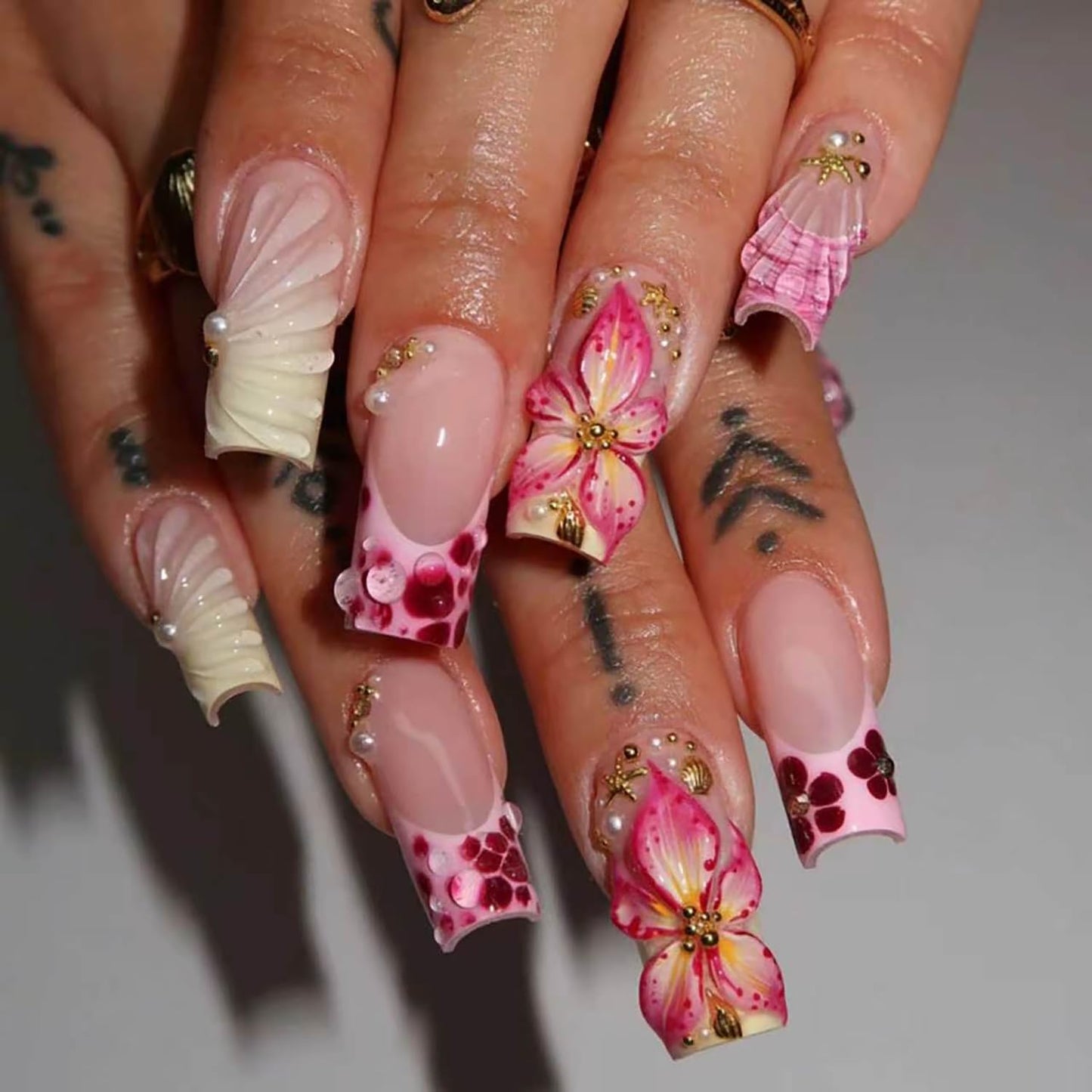 French Tip Press-On Nails - 30pcs Medium Almond Acrylic with 3D Flower & Pearl Design | Reusable Summer Nail Art