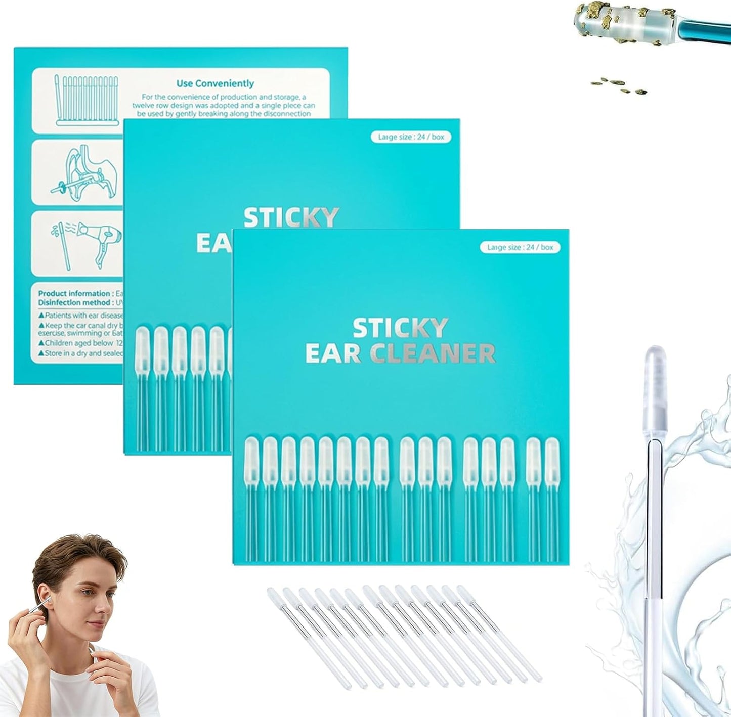 Sticky Ear Cleaning Stick - Gentle Reusable Ear Cleaner, Soft & Portable | 72 Pieces in 3 Boxes