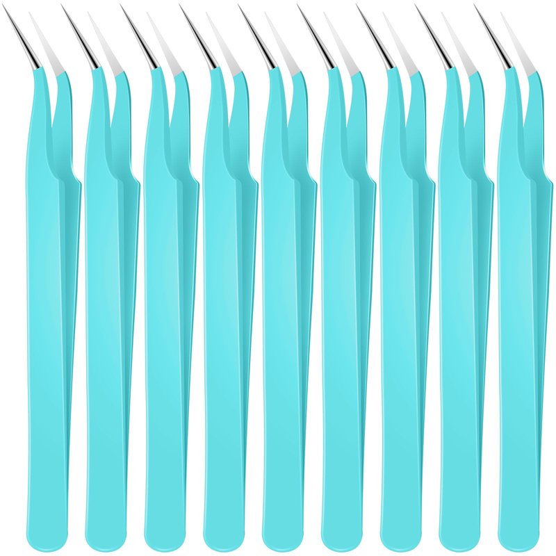 Honoson 9 Pieces Curved Pointed Craft Tweezers Stainless Steel Precision Tweezer with Protective Cover for Rhinestones Dried Flowers Craft Stickers Eyelash Extension Jewelry Making(Blue)
