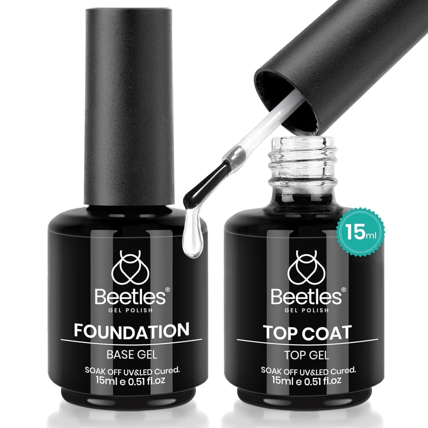 Beetles 2 Pcs 15ml No Wipe Gel Top Coat and Base Coat Set - Shine Finish and Long Lasting Soak Off LED Nail Lamp Gel Base Top Coat Stay Lock Shine Duo Finish Nail Art Design Manicure Gifts for Women
