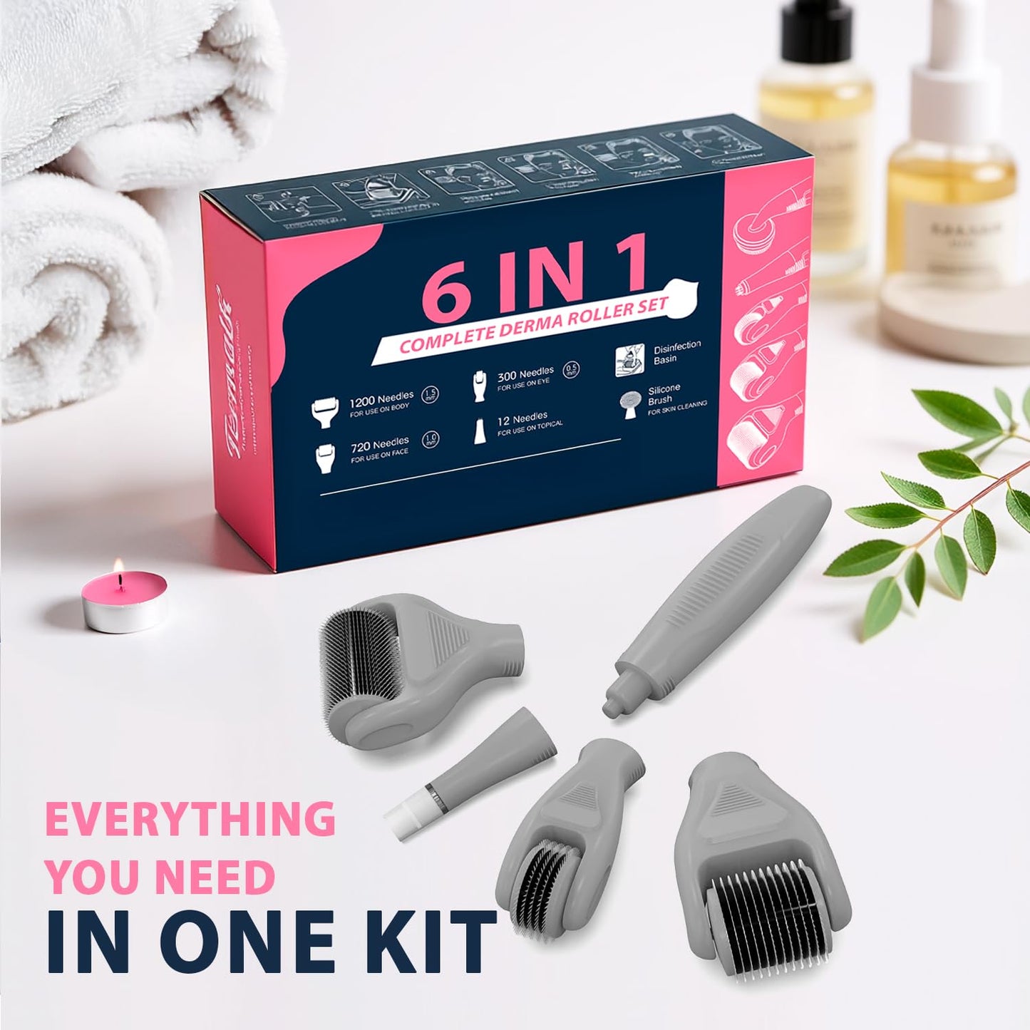 Termalk 6-in-1 Titanium Derma Roller for Face and Body – Kit with Micro-Needles (0.25mm) and (0.3mm) – 300, 720, and 1200 Needles for Men and Women