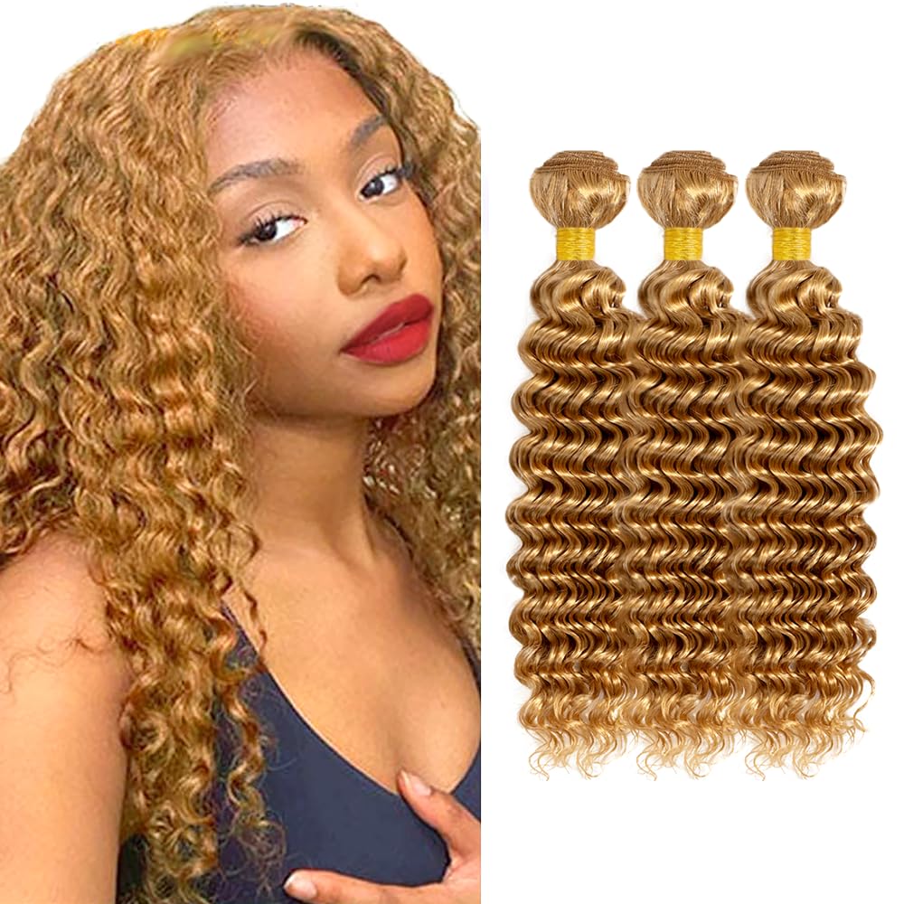 Blonde Bundles Human Hair #27 Deep Wave Bundles 20 22 24 inch Golden Blonde Deep Wave Bundle Color #27 150g