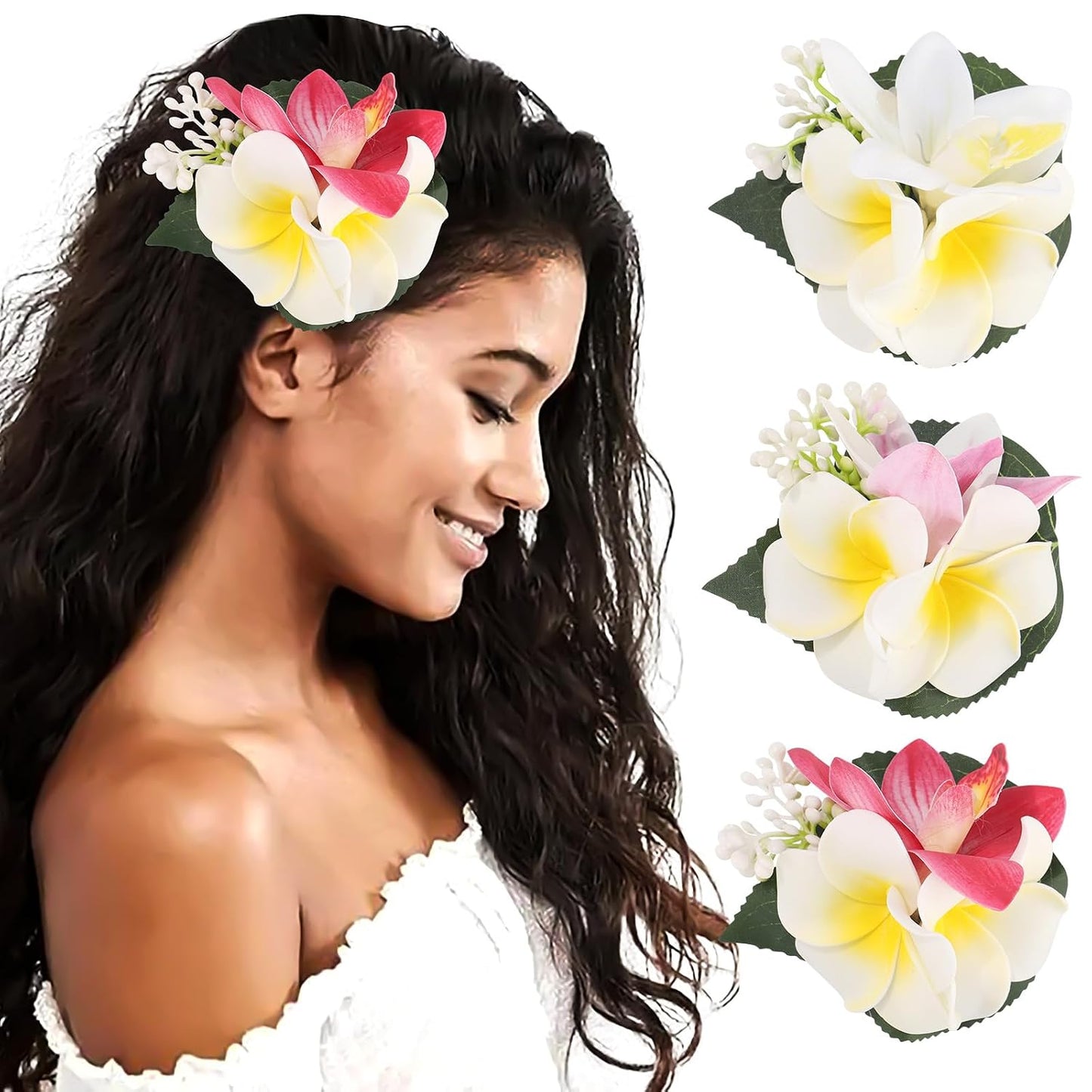 Hawaiian Flower Hair Clips - 3-Piece Set of Tropical Hair Pins | Artificial Floral Accessories in Blue, Pink, Purple