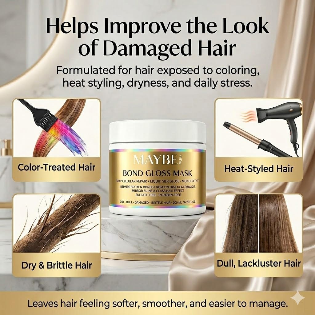 Nooche Maybe Paris Bond Gloss Hair Mask - Natural Deep Repair Hair Mask - Moisturizing Cream for Dull and Fragile Hair, 6.76 oz