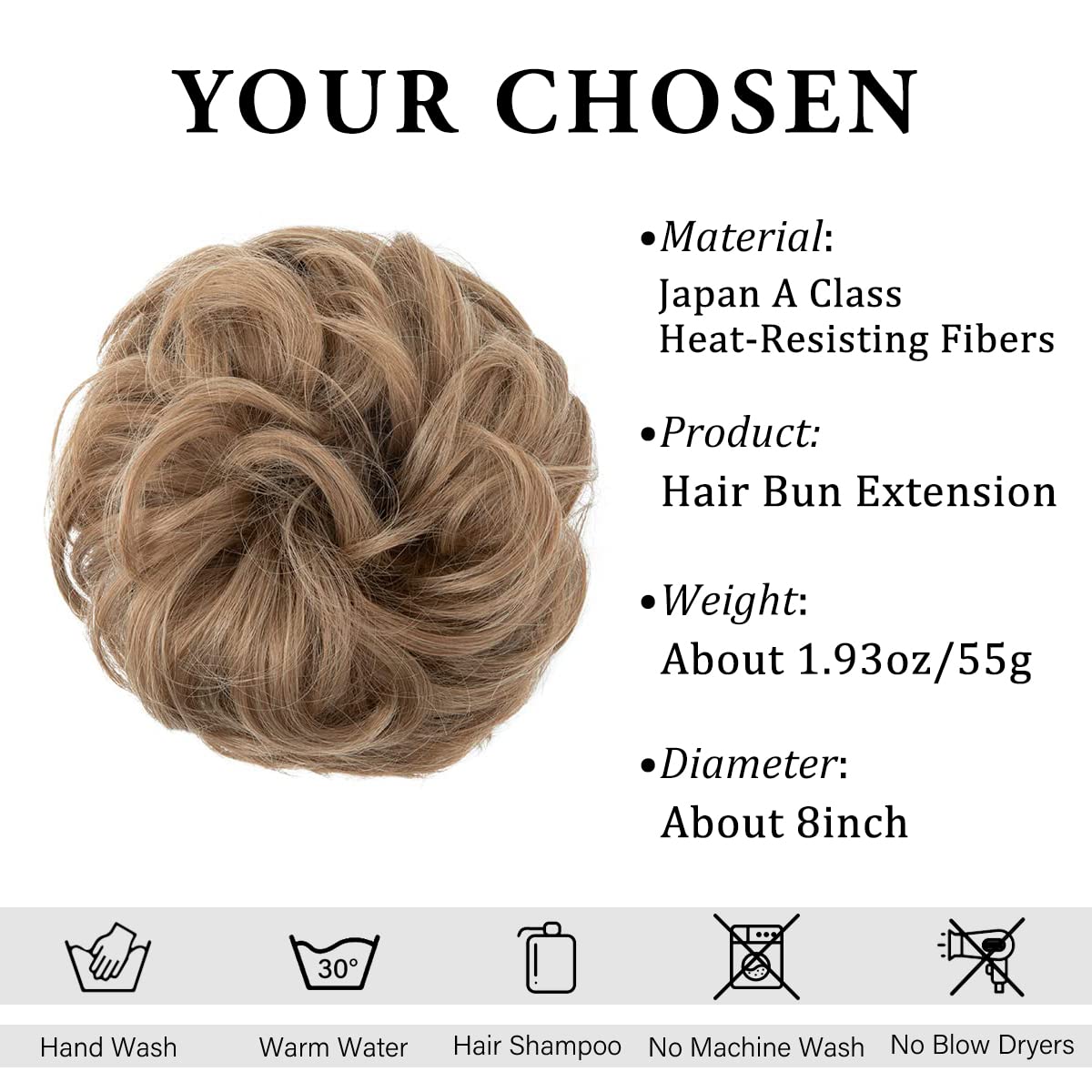 Large Messy Bun Hair Piece - Wavy Curly Synthetic Ponytail Extensions | Thick Updo in Pecan Blonde