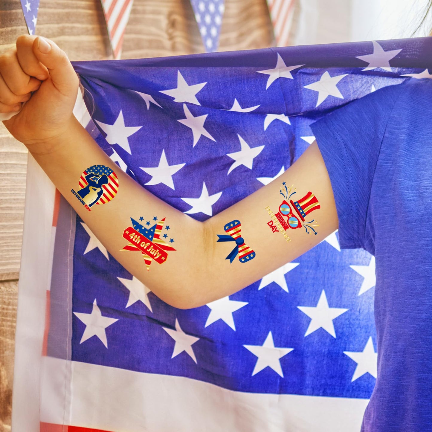 JCFIRE 4th of July Decorations, Temporary Tattoos for Kids Adults, Patriotic Decorations, Fourth of July Accessories, Red White And Blue Party Supplies for Independence Day