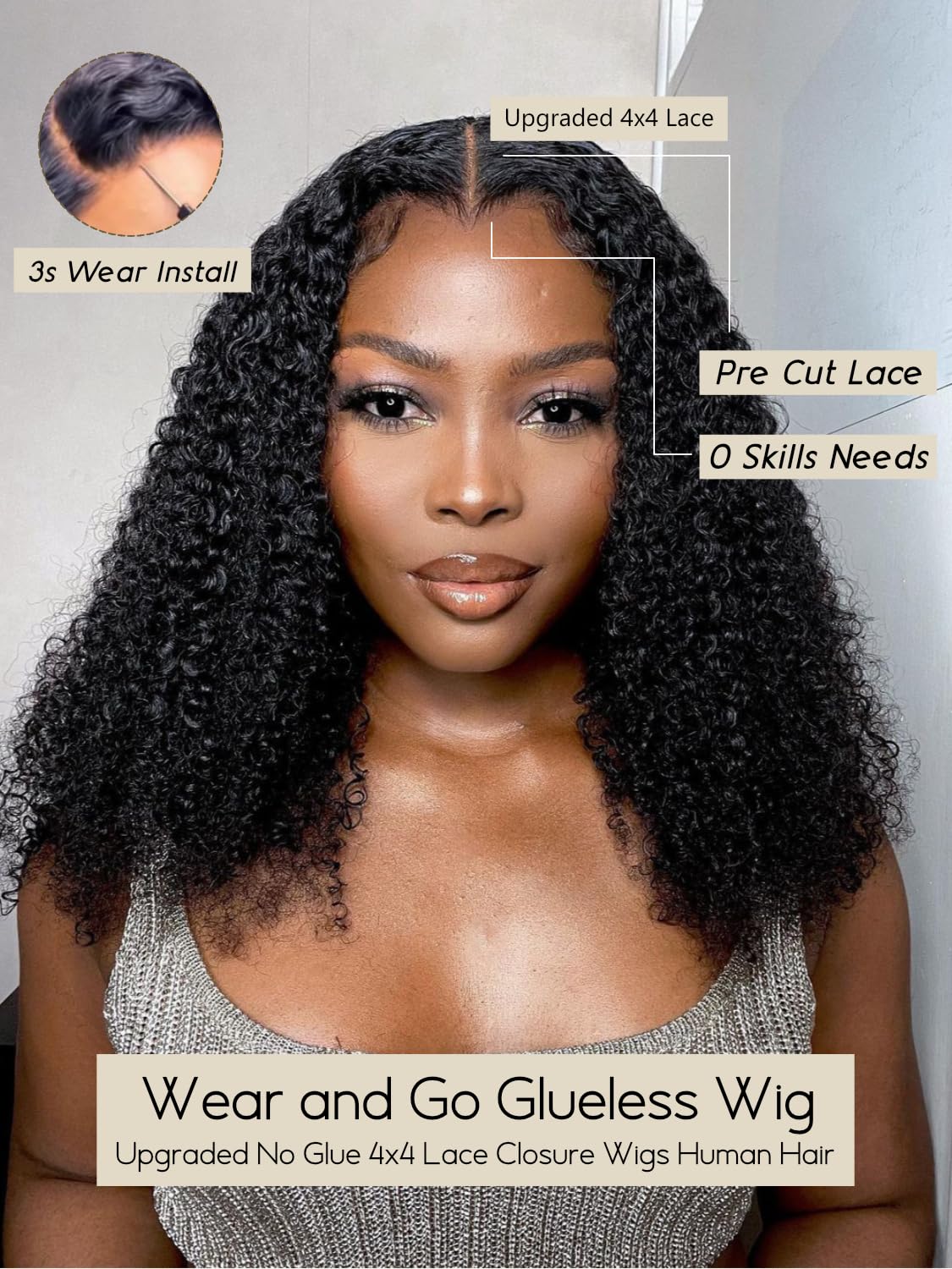 YIROO Kinky Deep Curly Human Hair Wear and Go Glueless Bob Wig with Fiber Blend 180% Density Pre Cut 4x4 Lace Closure Pre Plucked Afro Kinky Curly Bob Wigs for Black Women Put On Go Bob Wigs 15Inch