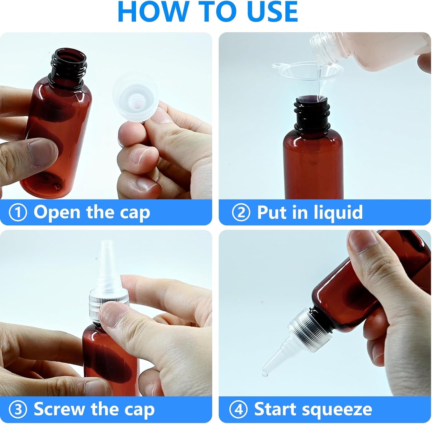 Amber Plastic Essential Oil Bottles - 4 Pack 1 Oz (30ml) with Funnel & Labels for Liquid Storage