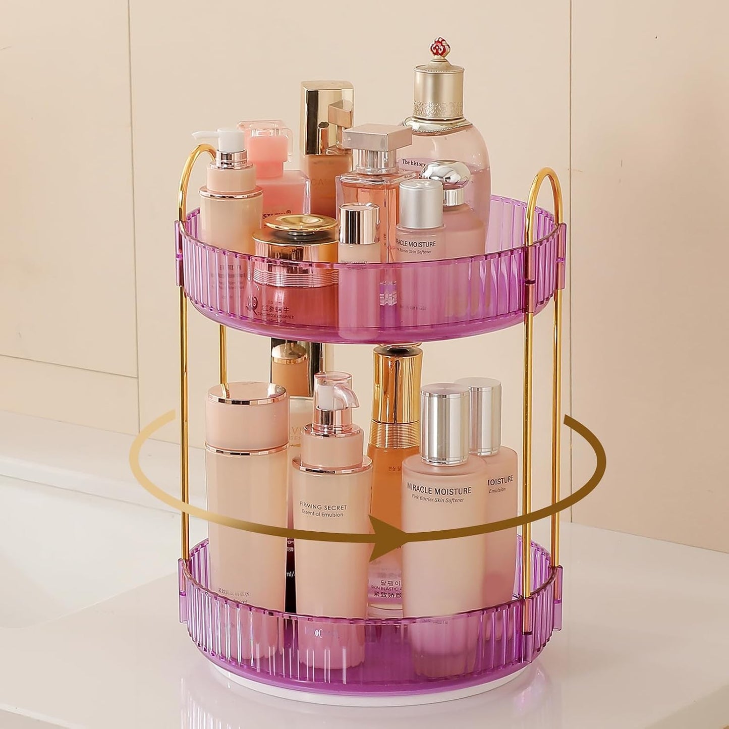 Rotating Makeup Organizer - 3 Tier Clear Cosmetic Holder for Vanity | Grey Perfume & Skincare Storage