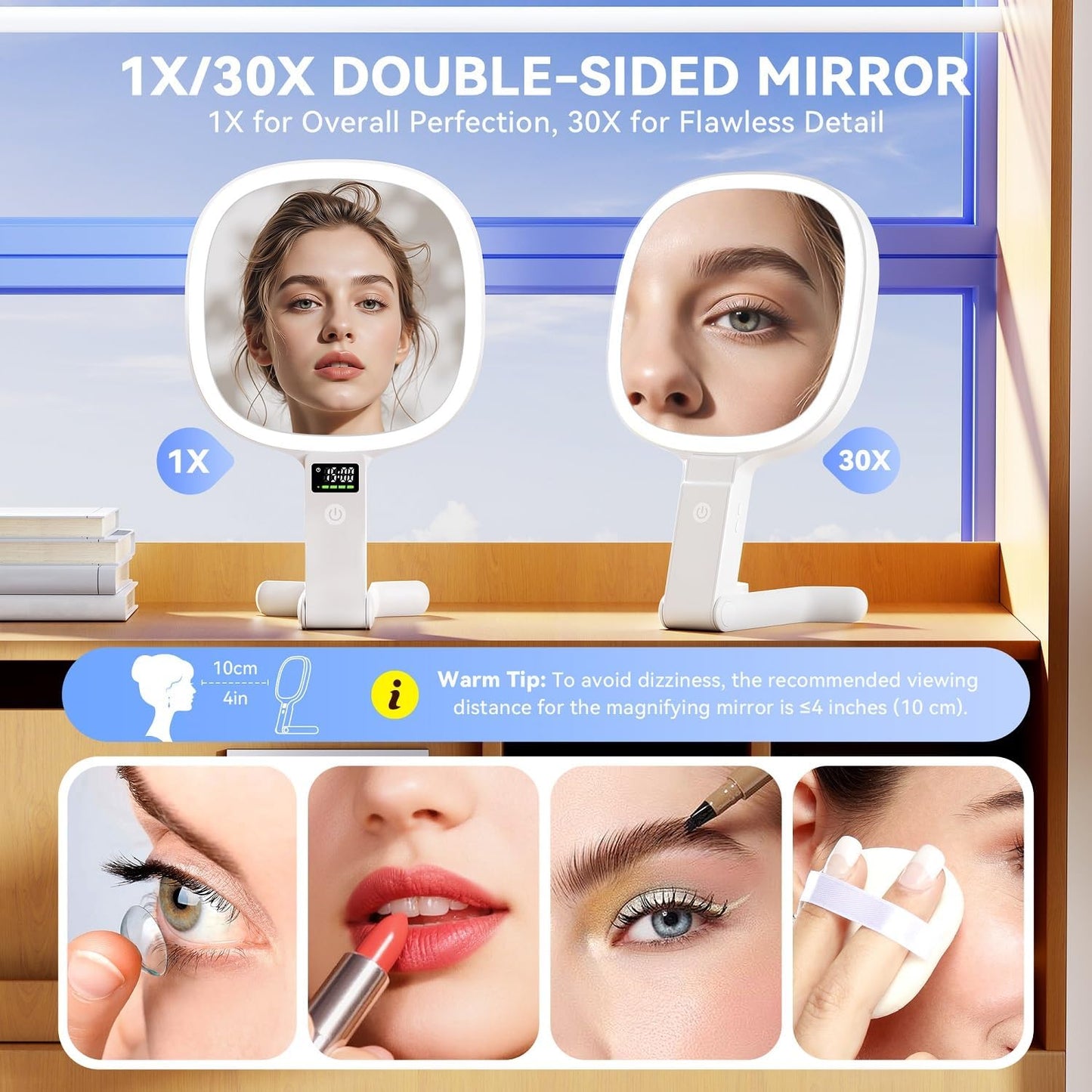 Auxmir Travel Makeup Mirror - 30X/1X Rechargeable Lighted Magnifying Mirror with 3 Color Dimming | Portable & Foldable Design, White