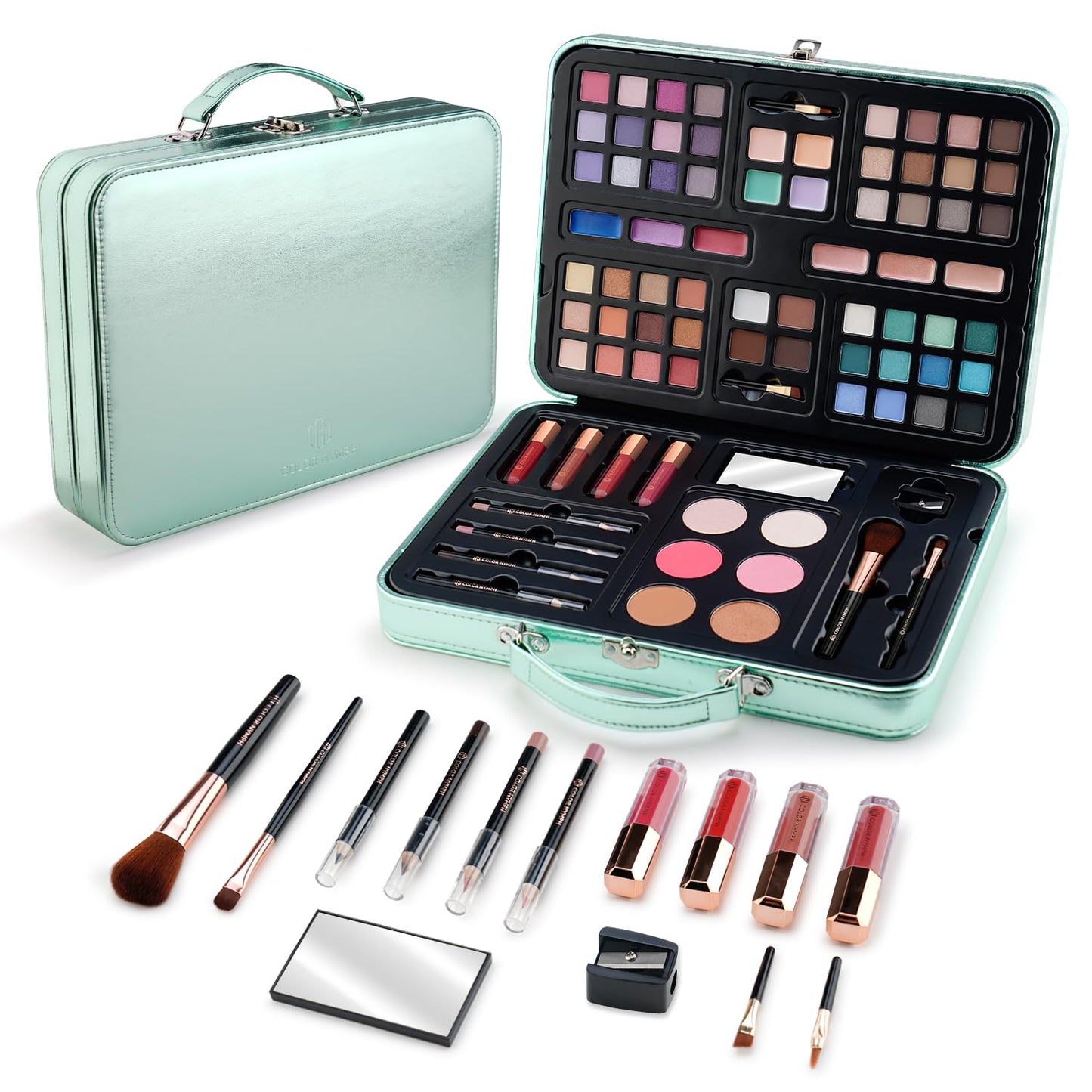 Multipurpose Makeup Kit for Teens | Non-Toxic Travel Set with Eyeshadows, Blush, Highlighter & Brushes - Gold Case