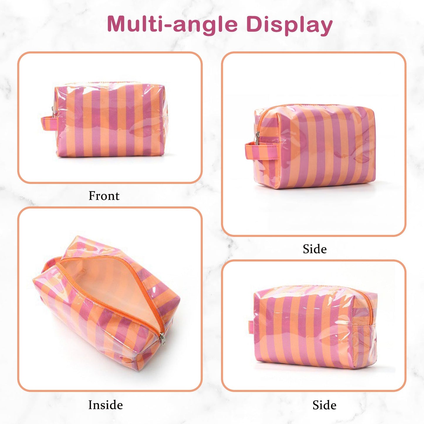 Lestikave PVC Striped Makeup Bag,Easy to Clean,Waterproof Clear Coated Cosmetic Bag,Cute Travel Organizer Zipper Pouch for Beach Vacation Essentials(02Green Pink)