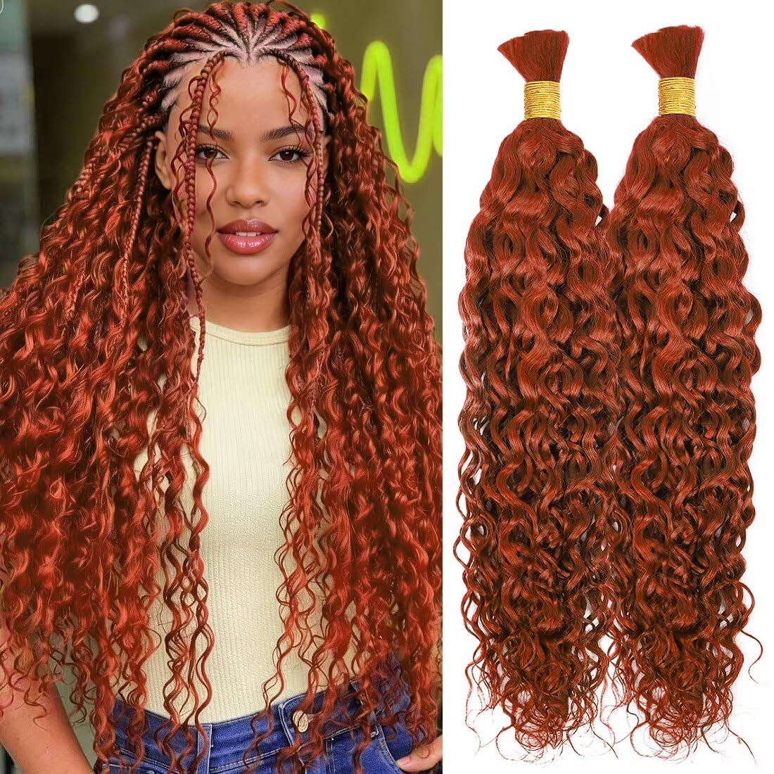 100% Unprocessed Human Hair for Braiding, #350 Ginger Copper Pre-Separated Curly Bulk Hair, 12A Grade Water Boho Braiding Hair Extensions, Real Human Hair for Protective Styles,18 Inch 100g 2 Bundles