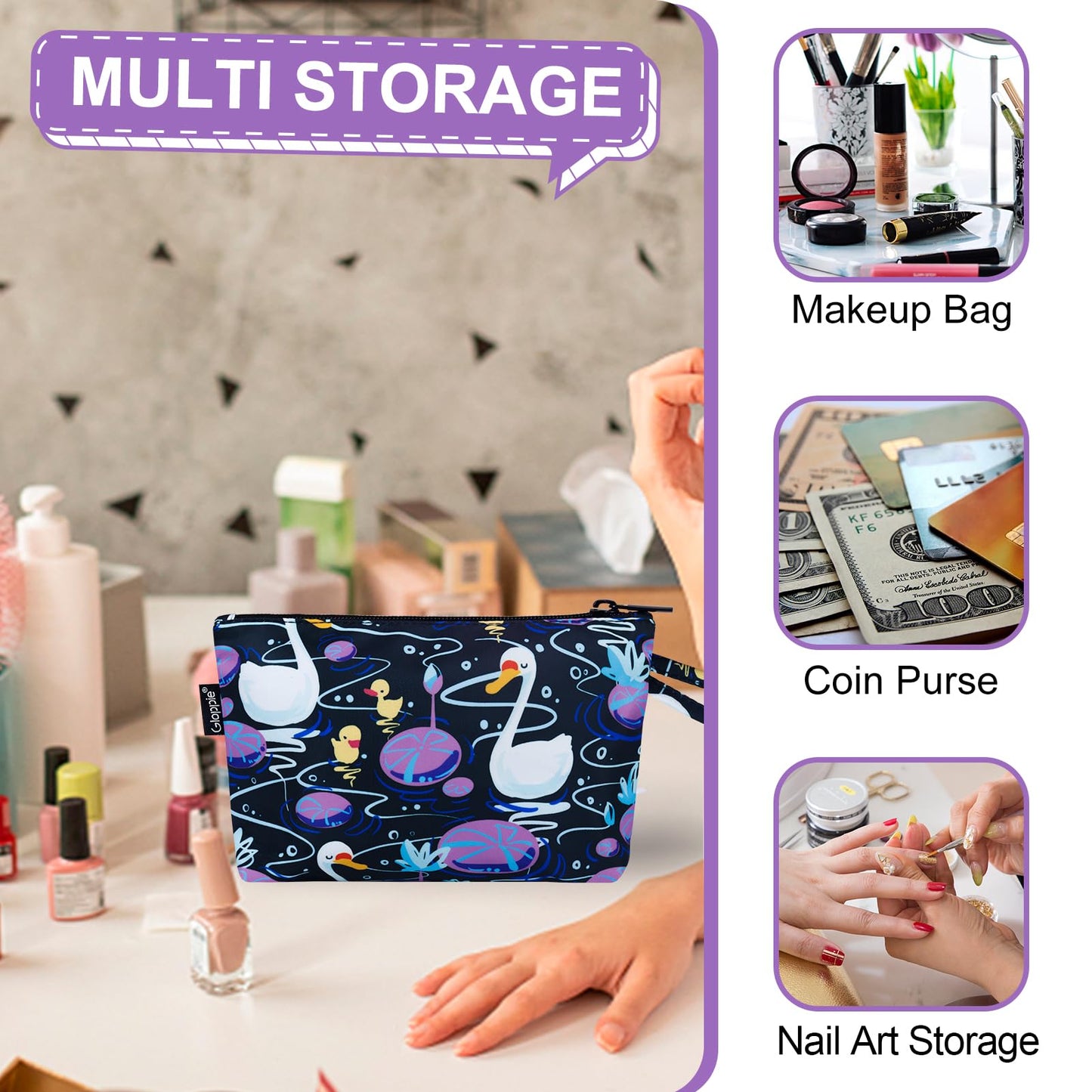 Gloppie Makeup Bag Cute Sunscreen Bag Travel Cosmetic Bag Must Have Purse Essentials Swans