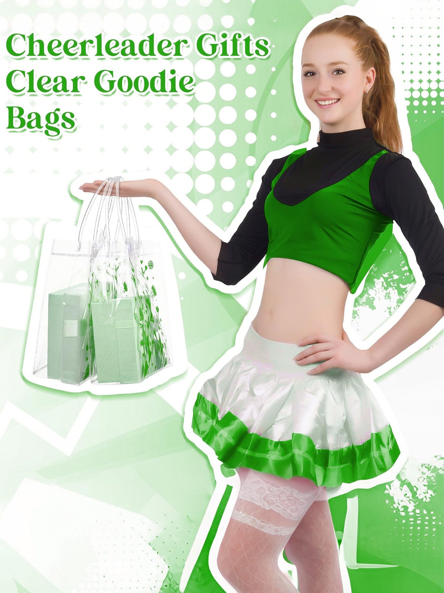 Sweetude 24 Pcs Cheer Clear Treat Bags with Handles for Cheer Team Cheerleader Gift Bag Bulk Cheerleader Party Supplies(Green)