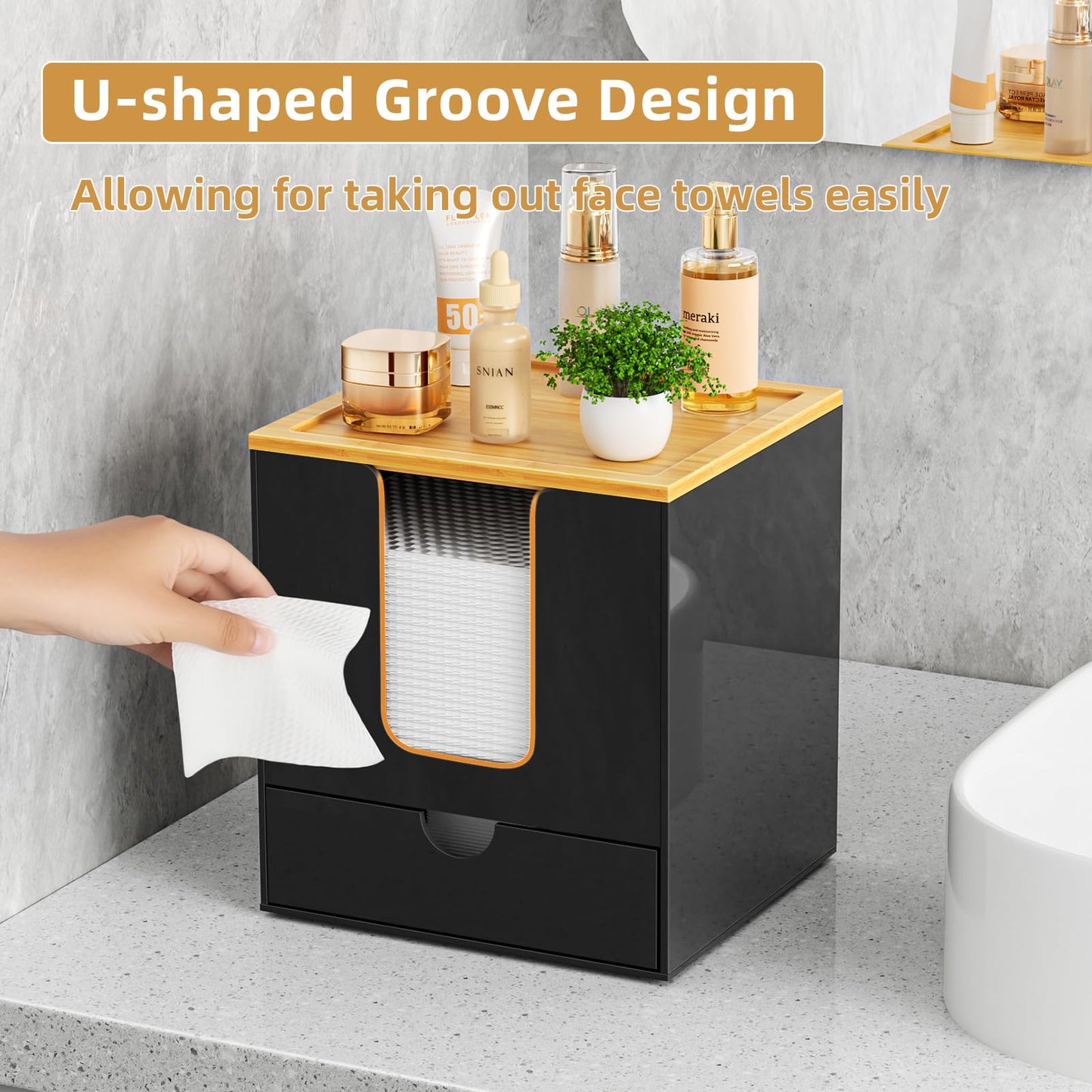 VITVITI Disposable Face Towel Holder for Clean Skin Club, Acrylic Bamboo Facial Towel Holder Box with Drawer, XL Face Towels Container for Bathroom Vanity Makeup, Black