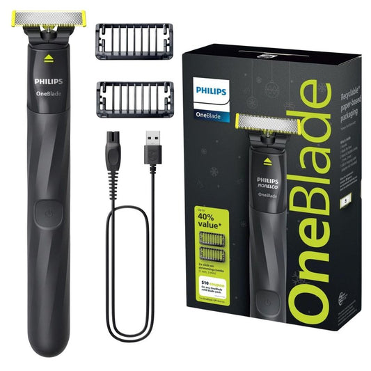 Philips OneBlade Trimmer & Shaver, Trim & Shave Any Length with Extra Skin Protection, Dual-Sided Blade, Waterproof Body Electric Razor, USB Charging, 2 Stubble Combs Included