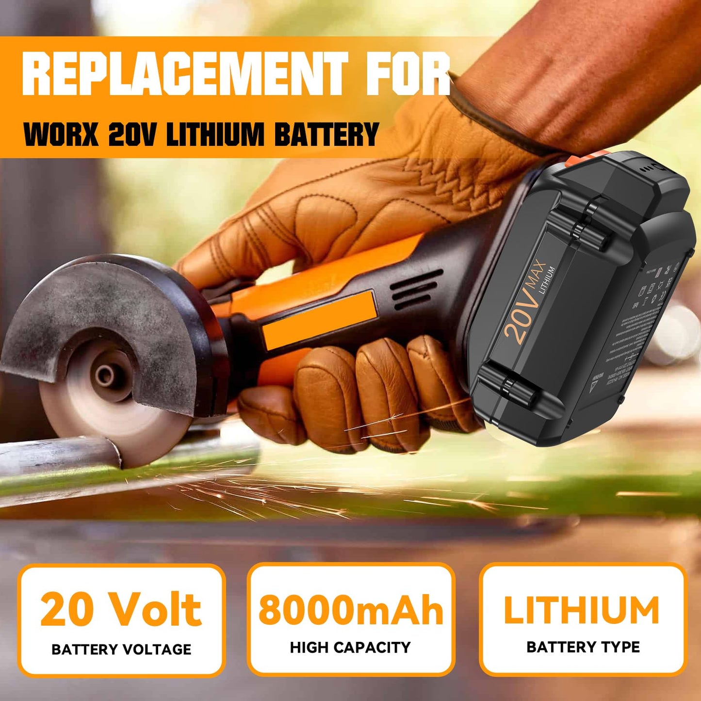 Mounzuikue Upgraded 2Packs 8.0Ah Replacement for Worx 20V Battery Lithium-ion Power Share Max WA3525 WA3575 WA3575 WA3578 WA3520 WA3742 WG155s WG251s WG890 Compatible with Worx battery 20V Power Tools