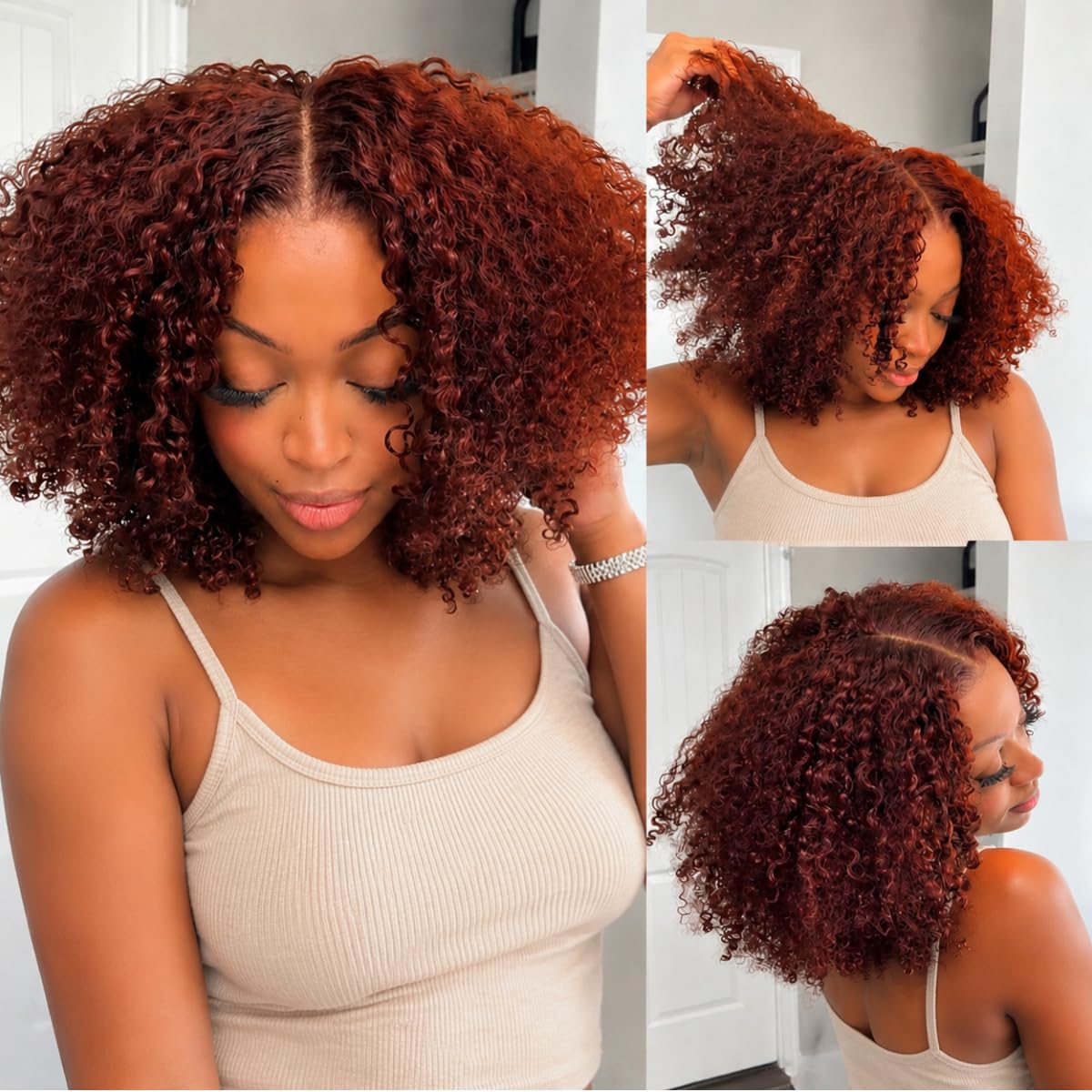 UNICE 13x4 Burmese Curly Lace Front Wig Human Hair, Reddish Brown Glueless Wig Pre-Plucked Pre-Cut, Fluffy Layered Drawstring Wig 200% Density, Ready to Wear for Women 16 Inch