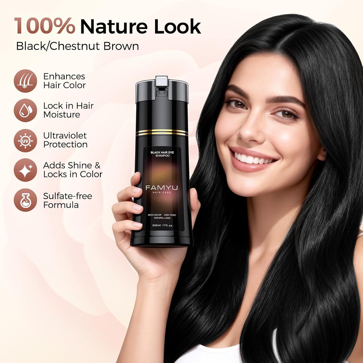 Black Hair Dye Shampoo - Long-Lasting Color for Men & Women | Herbal Formula for Grey Coverage, 17oz