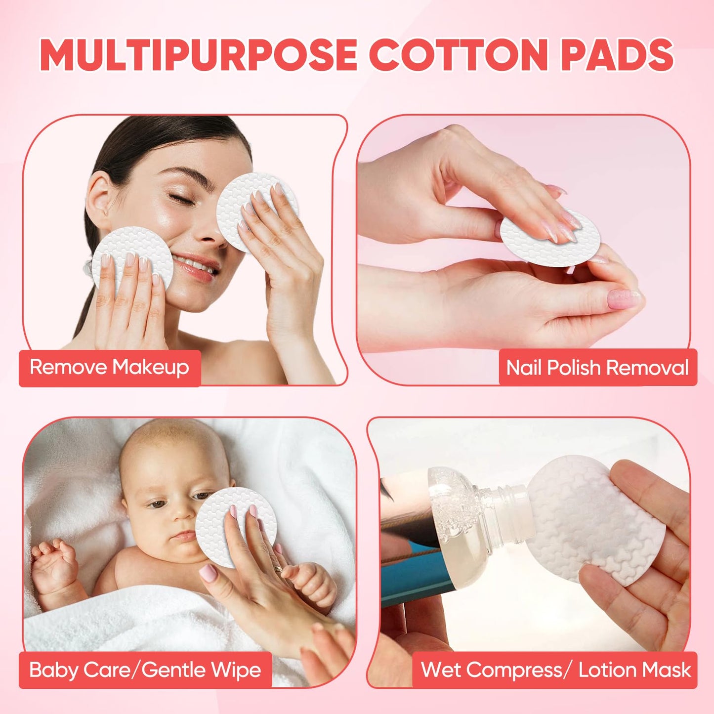 ICOTLE Large Cotton Rounds (400 Count), 100% Pure Cotton Pads, Clover Textured Design, Soft and Lint-Free, for Removing Makeup, Nail Polish, and Cleansing Face