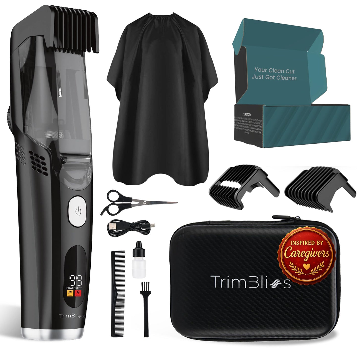 TrimBliss Vacuum Beard Trimmer for Men – Rechargeable Trimmer with Vacuum, Titanium Blade, Adjustable Comb, Waterproof Cordless Hair Clippers & Beard Kit for Less Mess Grooming