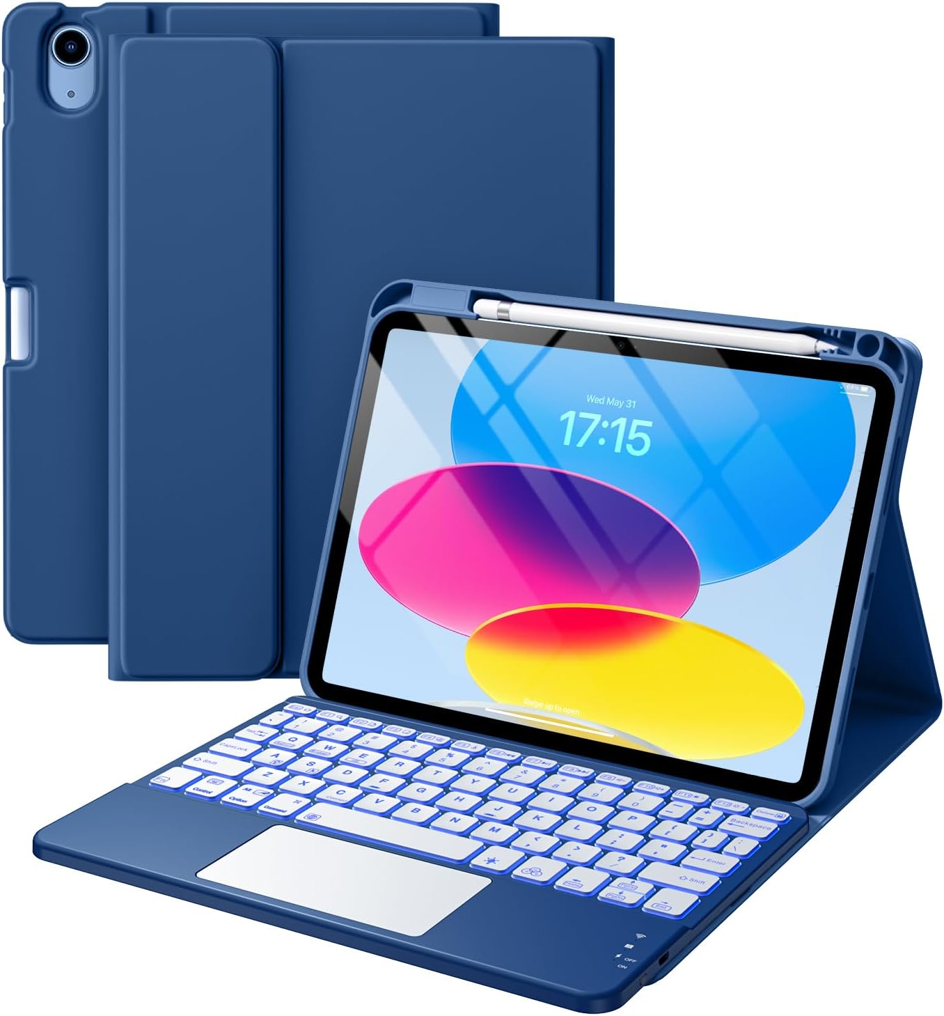 iPad 11th & 10th Gen Case with Keyboard - Folio Cover, Pencil Holder, Multi-Touch Trackpad, 7 Color Backlit | Navy Blue