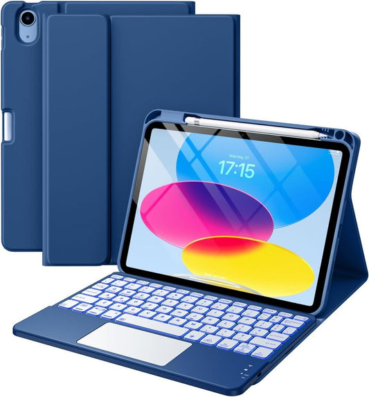 iPad 11th & 10th Gen Case with Keyboard - Folio Cover, Pencil Holder, Multi-Touch Trackpad, 7 Color Backlit | Navy Blue