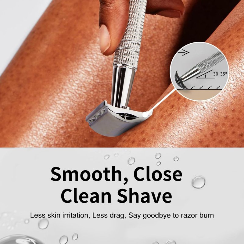 Shiny Silver Double Edge Safety Razor, Single Blade Razors for Men and Women, with 10 Stainless Steel Safety Razor Blades, Smooth Close Shaving, Plastic Free