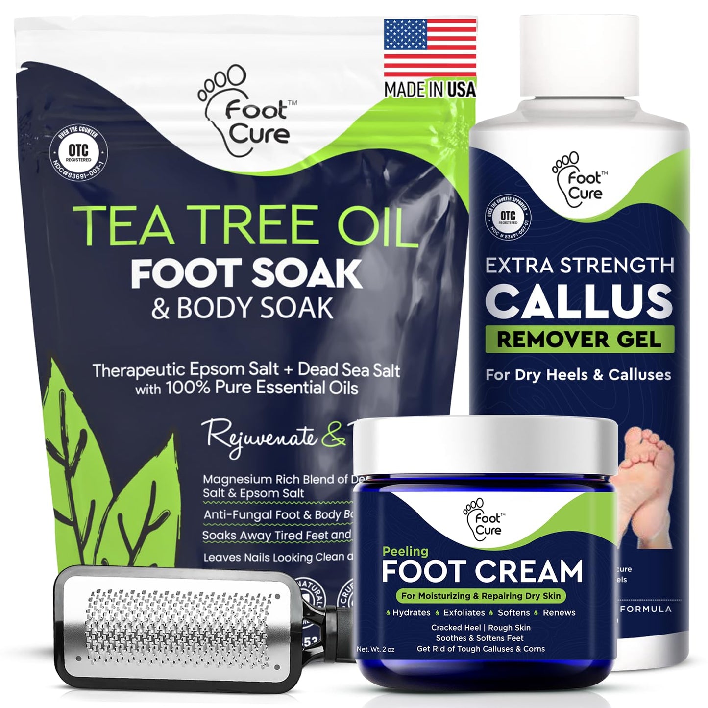 Exfoliating Foot Care Set - Callus Remover & Pedicure Kit with Tea Tree Oil Soak, Urea Cream | 4-Piece Made in USA