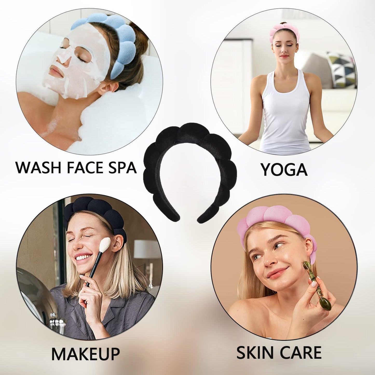 Luckybear Spa Headband - Velvet Makeup & Skincare Headband with Face Wash Wristbands | Black